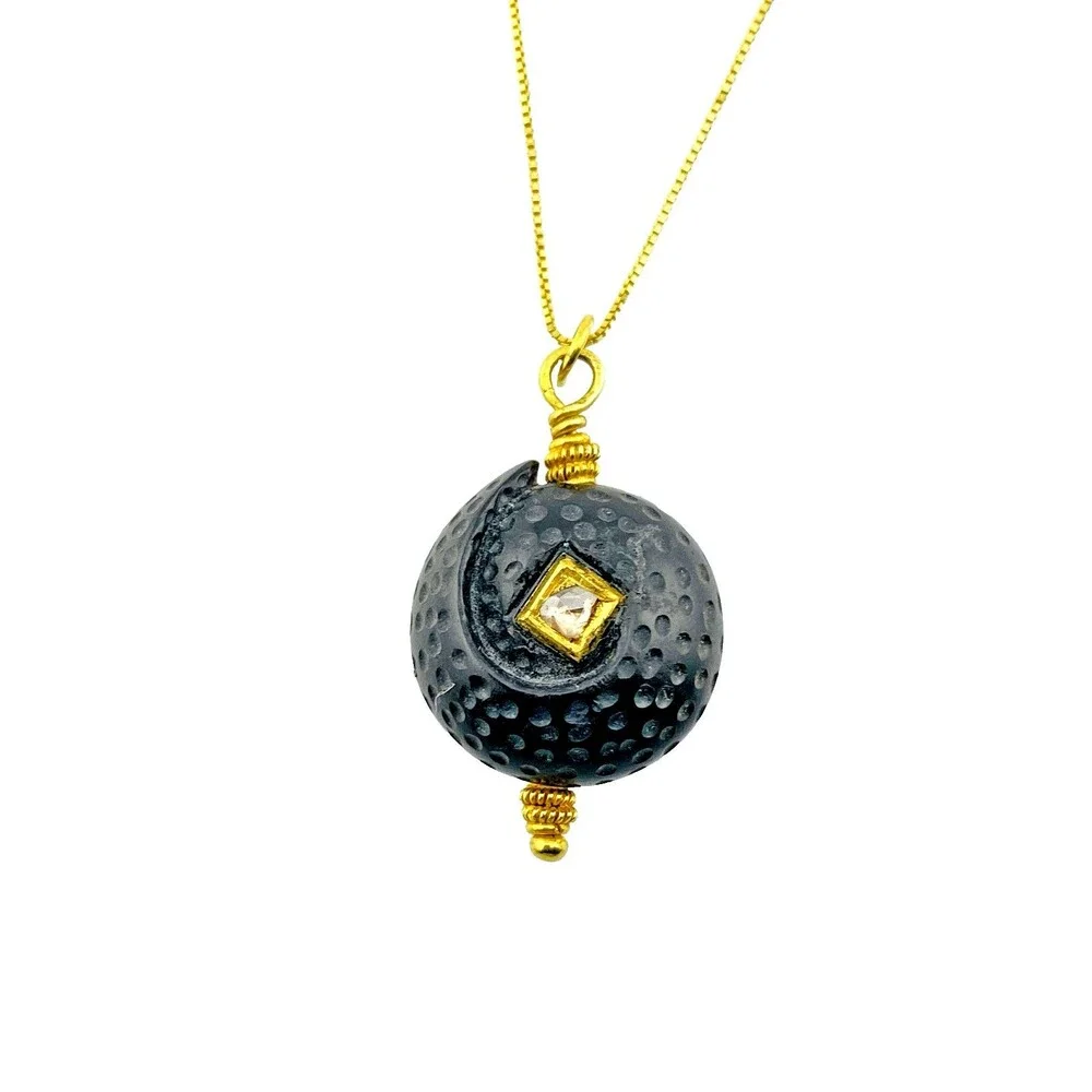 OOAK Vintage Carved Black Bead Diamond 14K Gold Artist Pendant